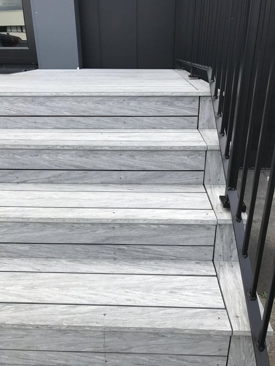 Composite decking at the Global Linings entrance, Camo Grey